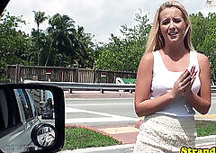 Stranded platinum-blonde pounded closeup in studs car