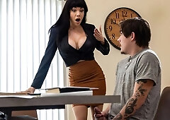 Office dick-riding session with a busty brunette Little Puck