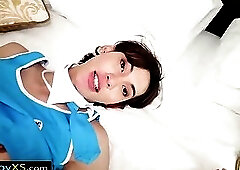 Skinny Asian tranny bares bubble butt for interracial sex with BF