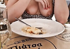 fingering in a restaurant full of people, showing snatch and bazookas