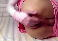 A Big Apple in Femboy's Anal. Close Up Wide Hole - Stretching, Gaping, Farting