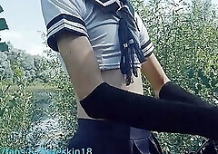 Street fucking twink in the image of a sissy outdoors gets a huge cock and a lot of sperm!