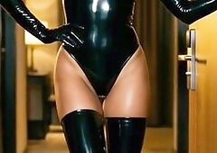 Shemale in Shiny Black Latex Bodysuit and Thigh High Boots