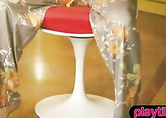 Tiny skinny pornstar mother I'd like to fuck disrobes stripped to display her merry tits