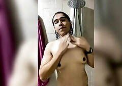 Mexican trans hotty plays with her boobs whilst showering