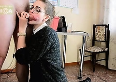 Nerdy blonde teen in stockings begs for a mouthful of jizz