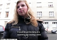 Shy blond Czech hotty accedes to take money for a public suck & fuc