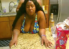 Dirty Diana's curvy body in a floral bikini worshipped in the kitchen
