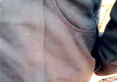 Annemieke playing in front of abandoned restaurant