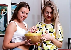 Cute-looking chicks Marie Duval and Miledy fuck on the sofa