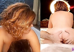 Busty redhead MILF fucks and cums in a hot tub