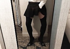 Crossdresser Jacks off in Hotel room and cums all over Nylons and Heels