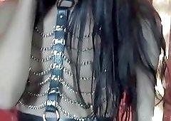 Stirring Russian shemale in leather strokes hair and fat cock