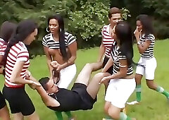 Referee dominated by shemale athletes before a hardcore gang bang