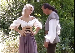 Blonde in vintage corset takes her lover deep in the forest