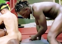 Three black and hung guys fuck their lady boy