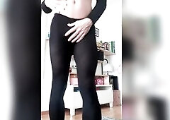 Crossdresser showing butt and wang at home in petticoat and tights and crop top