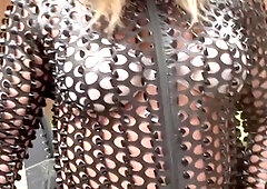 Naughty mature crossdresser Kellycd2022 enjoys outdoor panty wetting in her PVC catsuit and heels while indulging in sissy masturbation