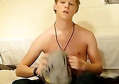 Slim young man jerks his rock hard dick