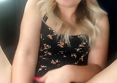 Small tits blonde MILF anally fucks herself with a big dildo