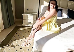 Whilst on vacation, Sandy comes to a conclusion to treat her spouse to some femdom. That babe shows off her glamorous legs and feet, and then begins m