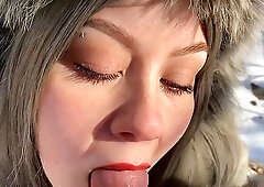 Amateur slut Vilu Vidish sucking dick in the cold winter forest
