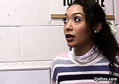 Deep throating Latina thief gets fucked for stealing porn movies