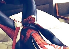 Twink in spider suit gets himself off on his pecs