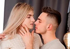 Slim and innocent blonde Monroe Fox fucked in the cowgirl pose