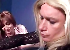 Three mature crossdressers compete over young dude's hard meat bazooka