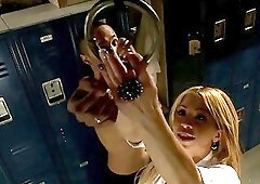 Hot tgirl pleases her obedient guy in a locker room