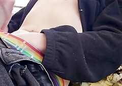 Femboy jerking off outside in the fall leaves