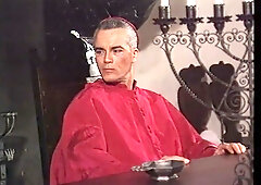 Blonde in vintage Italian gown submits to priest in candlelit stone chamber