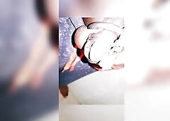 Sissy pissing in chastity cage, pissing like woman, pissing in doggy style, sissy thrall pissing