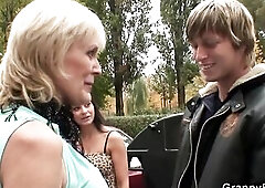 Old granny prostitute rides his large knob