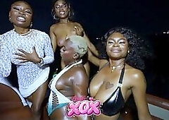 Freaky Afro angels get banged on night time boat ride