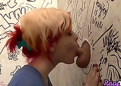 Busty trans sucked through a gloryhole before fucking pussy