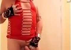 Red haired slut in red cut-out dress