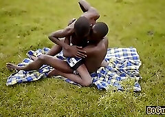 Black twinks enjoy bareback fucking outdoors