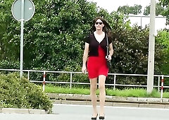 Transgirl walk outside in hot red suit