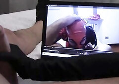 Gift to my giant fan: tugjob in gloves, whilst is watching one of my movie scenes, with spunk fountain