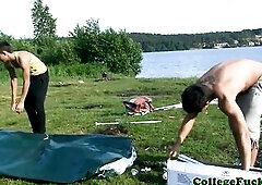 Tattooed coed butt drilled outdoor at fuckfest on lake beach