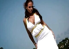 Breasty brunette hair Domino Rebelde make in hawt white costume pose and public sexystrip