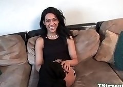 Auditioning trans ebony wanks her hard cock
