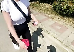 Playgirl with large breasts in the elevator