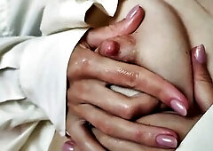 Hawt mama playing with melons, tasty breast milk