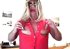 Blonde transgender babe enjoys anal play with various toys