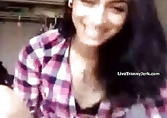 Ravishing amateur shemale strips down to her bra to masturbate