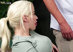 CFNM babes blowing older guys dick in the cafe