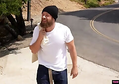 Busty teenage Amber Moore salutes him home